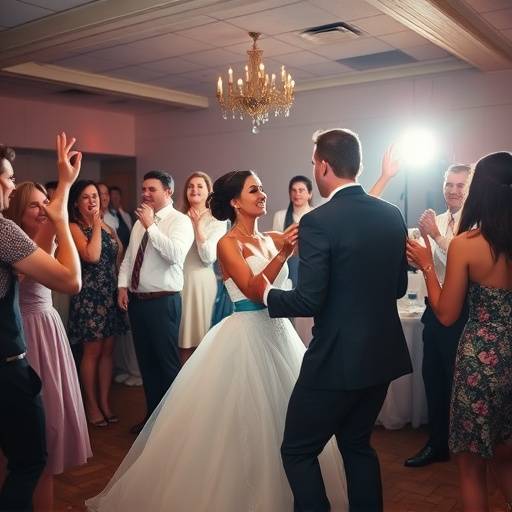 Dynamic shot of a wedding reception with guests dancing and celebrating.