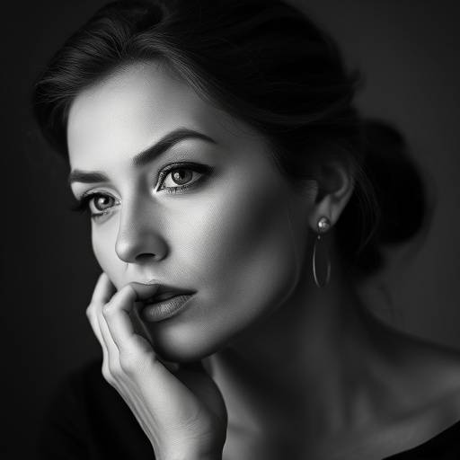 Elegant black and white portrait of a woman with a thoughtful expression.