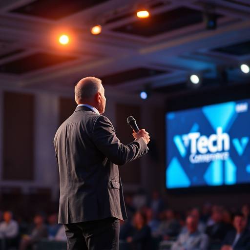 Photograph of a keynote speaker delivering a presentation at a technology conference.