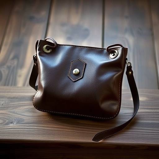Product shot of a handcrafted leather bag on a wooden surface